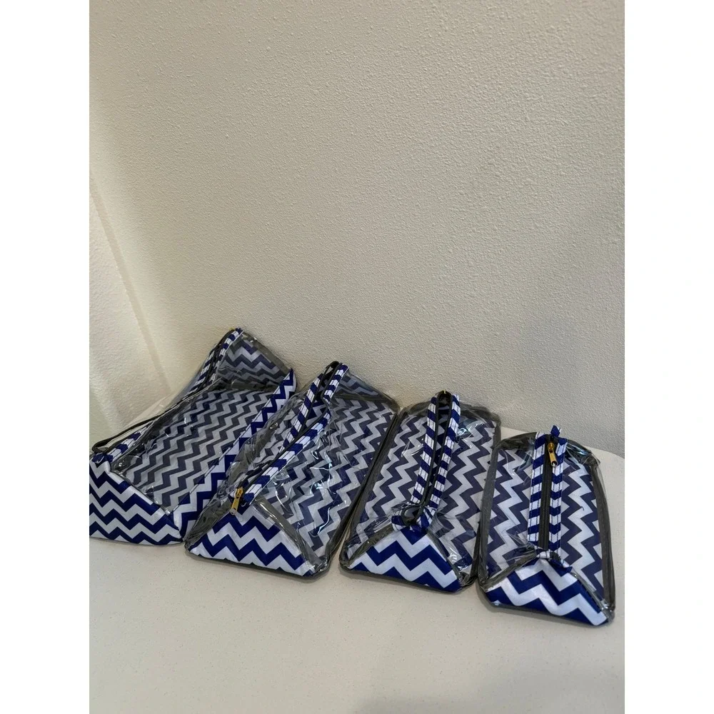 Navy Blue White Chevron Clear Toiletry Bag Set 4 Piece Travel Cosmetic Pouches